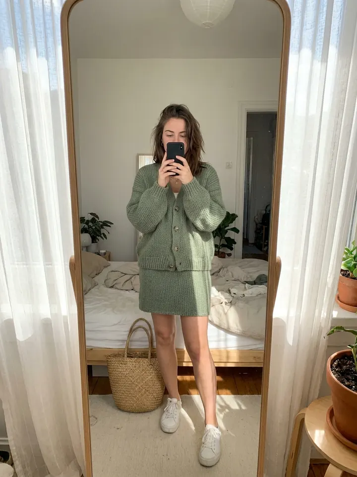 Sage knit cardigan with a matching mini skirt