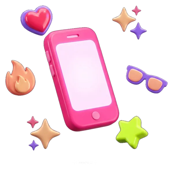 A glossy pink phone surrounded by sparkles, a heart, sunglasses and a star