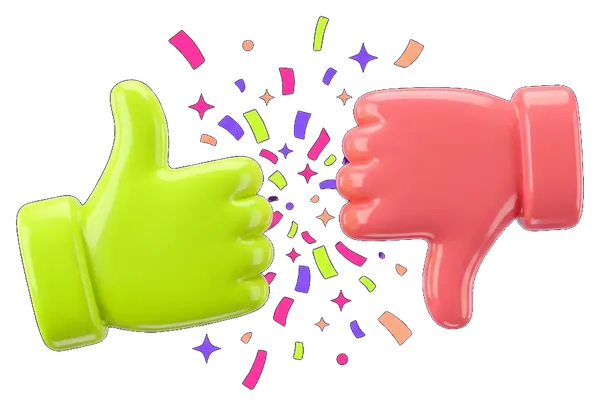 A lime thumbs-up and a coral thumbs-down with confetti between them
